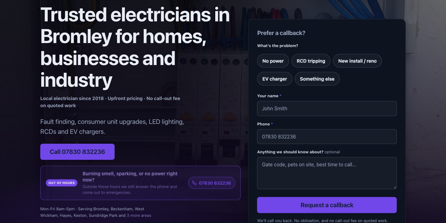 Homepage of the SebaCo Electrical Solutions website, showing the electrician's headline and callback form
