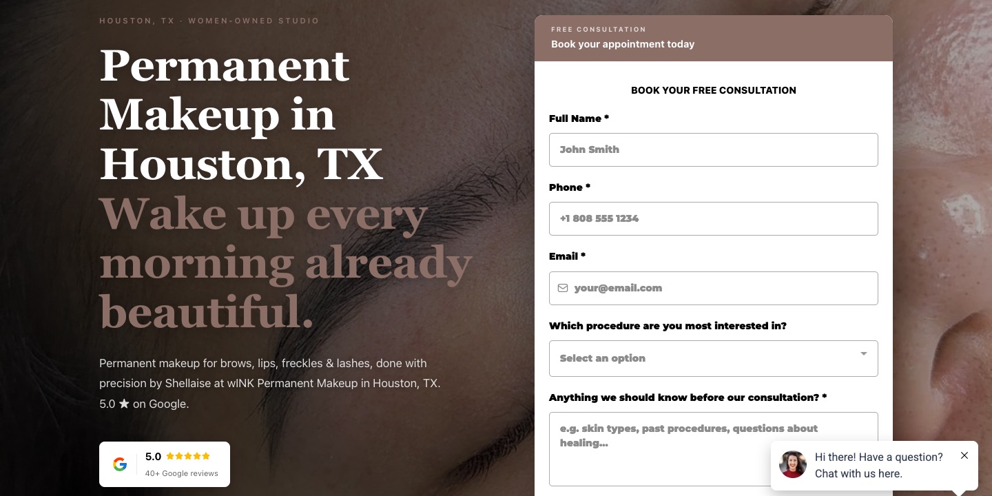 Homepage of the wINK Permanent Makeup website, showing the Houston studio's headline and consultation form